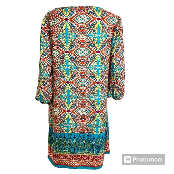 Bebop Be You Be Free Dress SZ L Keyhole 3/4 Sleeves Aqua Multi Color Tribal - Picture 2 of 12